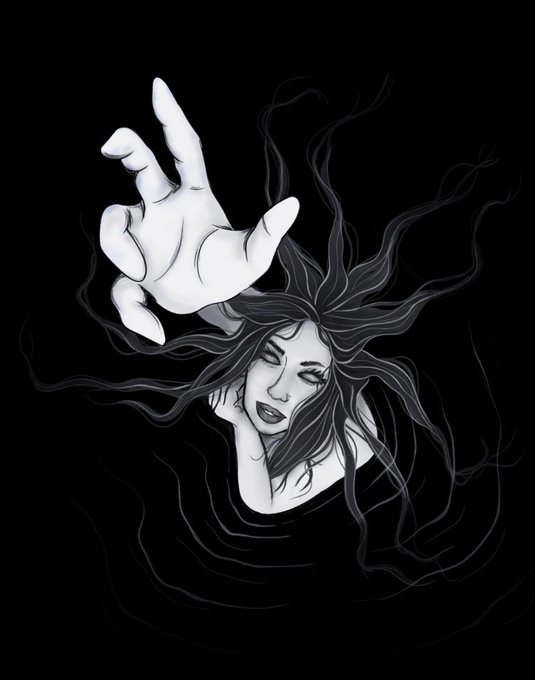 A black and white stylized illustration of a pale woman with flowing dark hair emerging from a black void, with a large white hand reaching down toward her.
