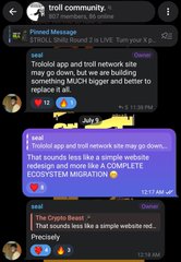 A Telegram chat in the 'troll community' where users discuss the Trolofol app and network site and exchange 'MUCH' bigger numbers.