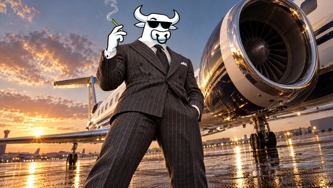 A stylized bull-headed figure in a pinstripe suit and sunglasses stands by a private jet at sunset while holding a smoking cigar.