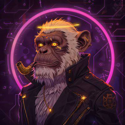 A cyberpunk-style chimpanzee wearing a black leather jacket with a glowing pink halo and gold medallion, alongside text displaying crypto tags "@River4fun," "@RiverdotInc," and the ticker "$RIVER"—the image's bold, futuristic "grand rising" vibe pairs with the post's promotional shoutout to the River project.