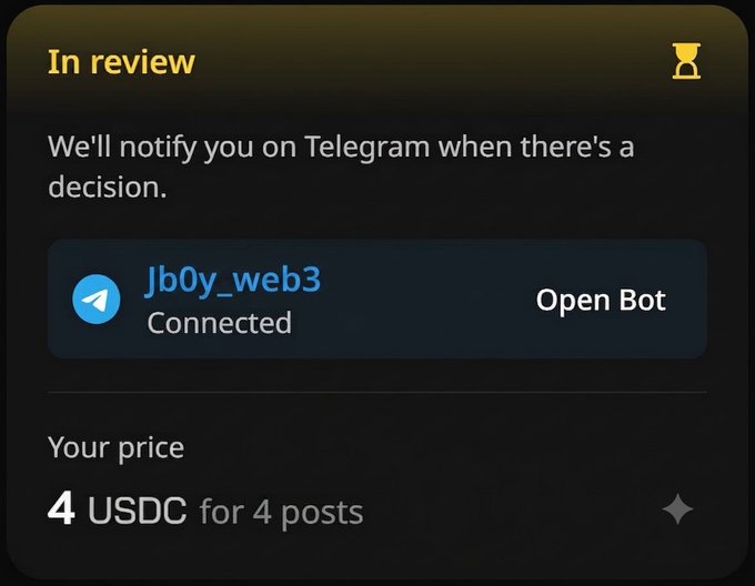 A screenshot showing a notification that a job submission of 4 USDC for 4 posts is "In review" on the wallchain platform, with a connected Telegram bot (@Jb0y_web3) ready to send updates when a decision is made—reflecting the user's excitement about winning their first payout of the month.