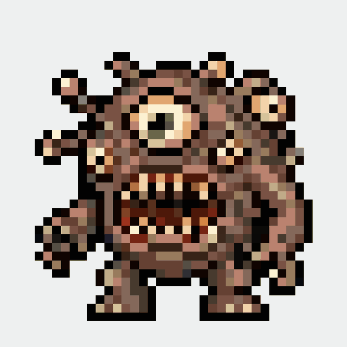 Pixel art sprite of a monstrous creature with a large single eye, spiked protrusions, and exposed teeth against a white background.