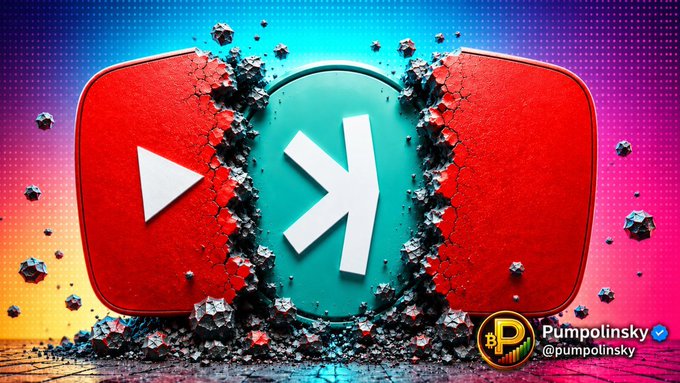 The image shows a shattered 3D YouTube play button with a cracked center revealing the Kaspa (K) cryptocurrency logo, surrounded by debris against a vibrant pink and blue gradient background. A watermark in the bottom right reads "Pumpulinsky @pumpolinsky" with a verified checkmark, matching the post's promotion of $KAS content and the creator's YouTube channel.