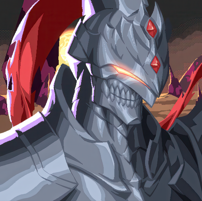 A menacing armored knight with glowing red eyes and sharp teeth stands against a fiery apocalyptic backdrop, visually representing the "Iron Lord" NFT character referenced in the post. The dark, battle-ready aesthetic matches the post's announcement of an Iron Allies NFT reveal and open Discord community.