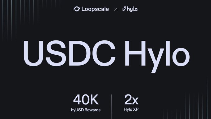 Promotional graphic for Loopscale x Hylo featuring 'USDC Hylo' in large purple text, advertising 40K hyUSD Rewards and 2x Hylo XP.