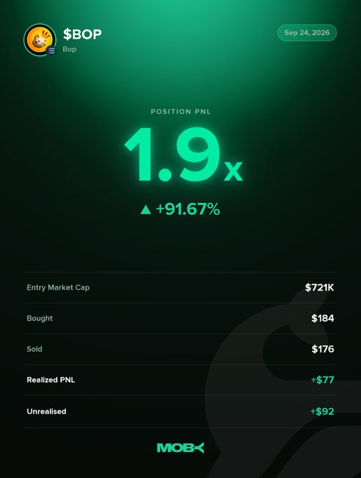 The image shows a financial news-style graphic featuring a man in glasses alongside a "BITCOIN/USD COIN METRICS" panel (despite the ticker being $BOP), displaying a 5-year +97.55% return and an intraday value of 85,819.10 down -0.76%. Below, trade details show the $BOP position was bought at $184, sold at $176, with a realized PNL of +$77 and unrealized +$92, supporting the post's win alert of a +91.67% PnL on the closed position.