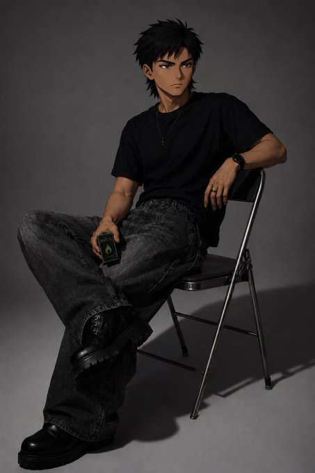 A confident anime-styled character sits in a folding chair holding a phone displaying a "Good" stock ticker, embodying the bullish spirit of "gm It's Monday, let's get the bag" with a poised, ready-to-trade attitude.