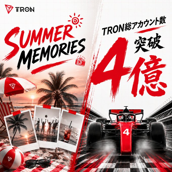 The promotional graphic celebrates TRON surpassing 400 million total accounts, featuring a "SUMMER MEMORIES" campaign theme with beach scenes, polaroid photos, and a red Formula 1 race car displaying the number "4" alongside the bold Japanese text "突破4億" (exceeds 400 million). The image visually merges TRON's branding with summer vacation elements and racing imagery to promote their account milestone celebration and the summer photo-sharing giveaway offering Amazon gift card prizes.