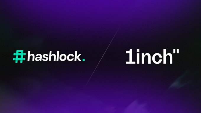 The image displays the Hashlock and 1inch logos side by side on a purple gradient background, with a diagonal line separating them. This visual represents Hashlock's security audit partnership with 1inch, specifically highlighting their examination of the PeggedSwap instruction's pricing and invariant math as part of their broader audit work on the Aqua protocol and SwapVM.