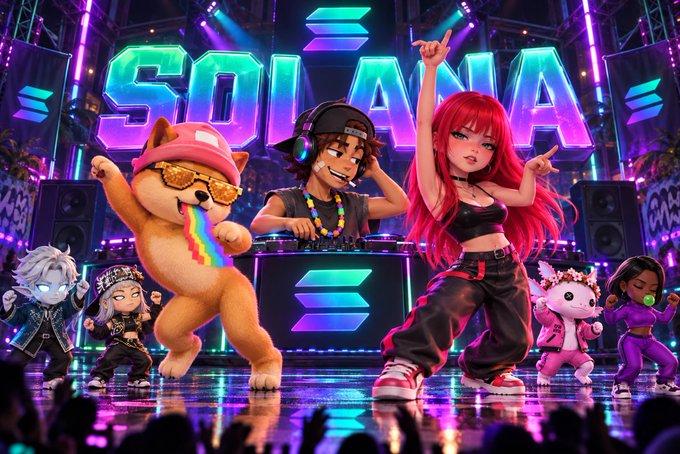 Vibrant concert stage scene featuring anime-style characters and a DJ setup with the word 'SOLANA' displayed prominently in glowing letters above the performers.
