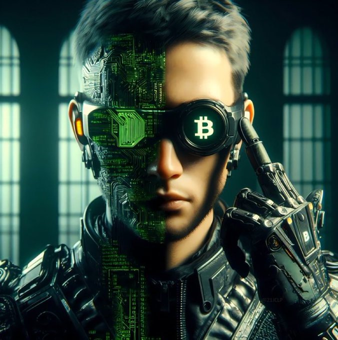 A stylized digital artwork shows a cyborg figure with half of its face and hand replaced by mechanical and circuit board components, wearing goggles with a Bitcoin (B) symbol.