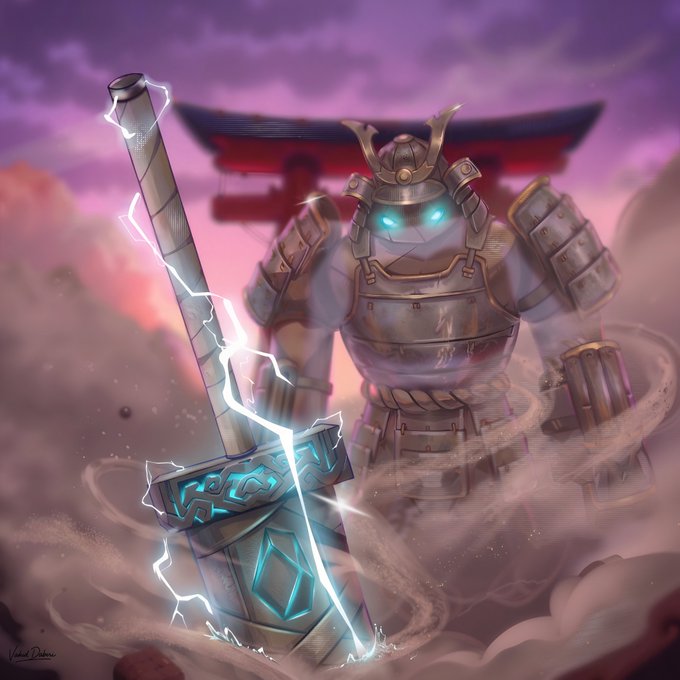Fantasy artwork of an armored samurai-like robot with glowing blue eyes wielding a large lightning-charged hammer, set against a Japanese torii gate backdrop.