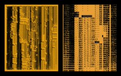 A microscopic image showing two panels with gold and black patterns, appearing to be a close-up of electronic components or a silicon chip die.
