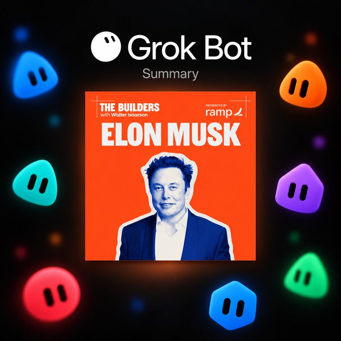 A dark promotional graphic for “Grok Bot Summary” shows an orange Ramp cover reading “THE BUILDERS with Walter Isaacson,” “PRESENTED BY ramp,” and “ELON MUSK,” surrounded by glowing colorful Grok-like symbols.