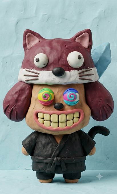 A claymation-style figure wearing a red cat hat and a black robe, featuring a wide grinning mouth with prominent teeth and colorful spiral eyes.