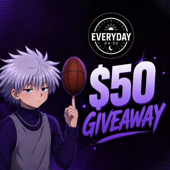 An anime character with spiky white hair spins a basketball beside bold purple text reading "$50 GIVEAWAY," with an "EVERYDAY 24:00" logo above, promoting the post's $50 SOL giveaway raffle with a 24-hour winner announcement.