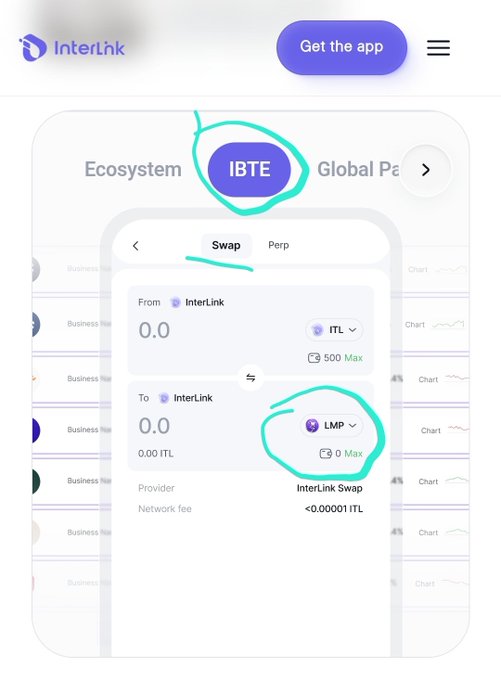 The image shows a mobile interface of InterLink's Business Token Exchange (IBTE), where users can swap ITL for LMP tokens via the Swap feature on InterLink Swap. This visually supports the post's announcement that $LMP, LinkersMap's business token, will soon be available for acquisition through IBTE.