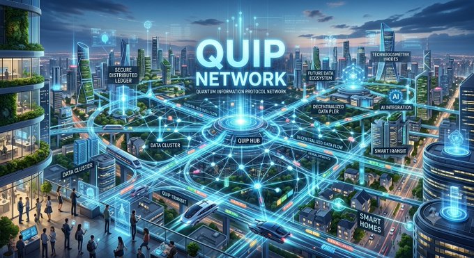 A futuristic digital cityscape illustration showcasing the 'QUIP NETWORK - Quantum Information Protocol Network,' featuring interconnected data hubs, smart homes, AI integration, and decentralized data flow.