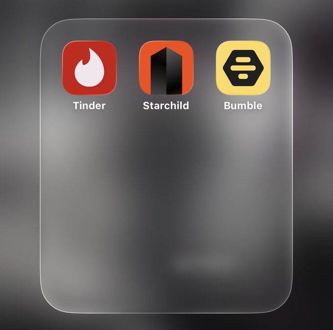 A transparent glass-style app folder containing three dating app icons: Tinder, Starchild, and Bumble, displayed against a dark background.