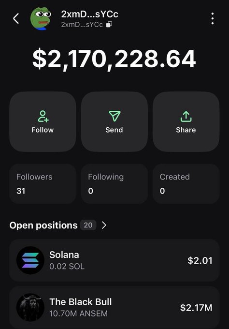 A crypto portfolio screenshot showing a wallet "2xmD...sYCc" with a balance of $2,170,228.64, featuring 20 open positions including 10.70M $ANSEM tokens valued at $2.17M ("The Black Bull") and 0.02 SOL, illustrating the massive gains from the promoted memecoins.
