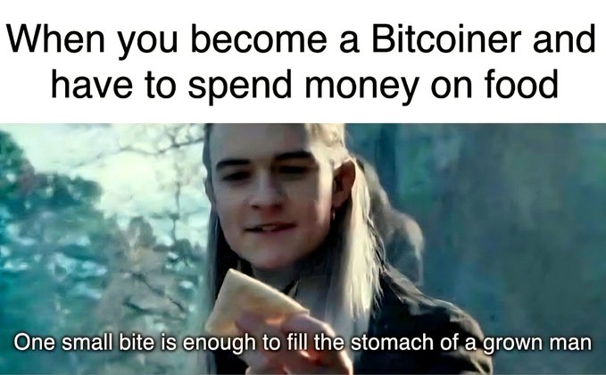 A meme featuring Legolas from Lord of the Rings holding a small piece of food, captioned 'When you become a Bitcoiner and have to spend money on food' and 'One small bite is enough to fill the stomach of a grown man'.