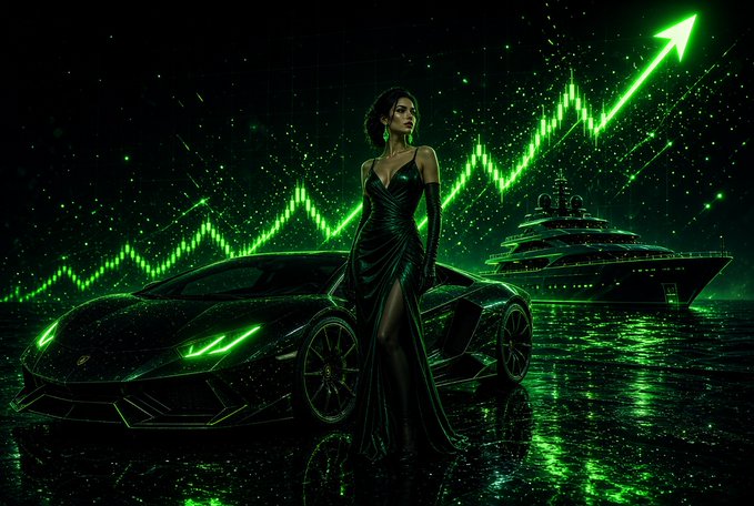 A stylized, neon-green digital artwork depicting a woman in an elegant gown standing next to a luxury sports car and yacht, with a rising stock chart arrow in the background representing financial success.