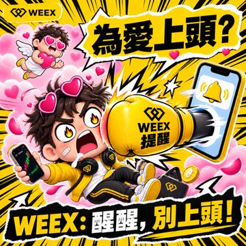A vibrant WEEX promotional graphic featuring a cartoon character being shouted at by a boxing glove, with the tagline "為爱上頭?" (Lovestruck?) at the top and "WEEX: 醒醒，別上頭!" (WEEX: Wake up, don't get carried away!) at the bottom, cleverly tying the Qixi Festival romance theme to trading advice about not getting emotionally overwhelmed in the markets.