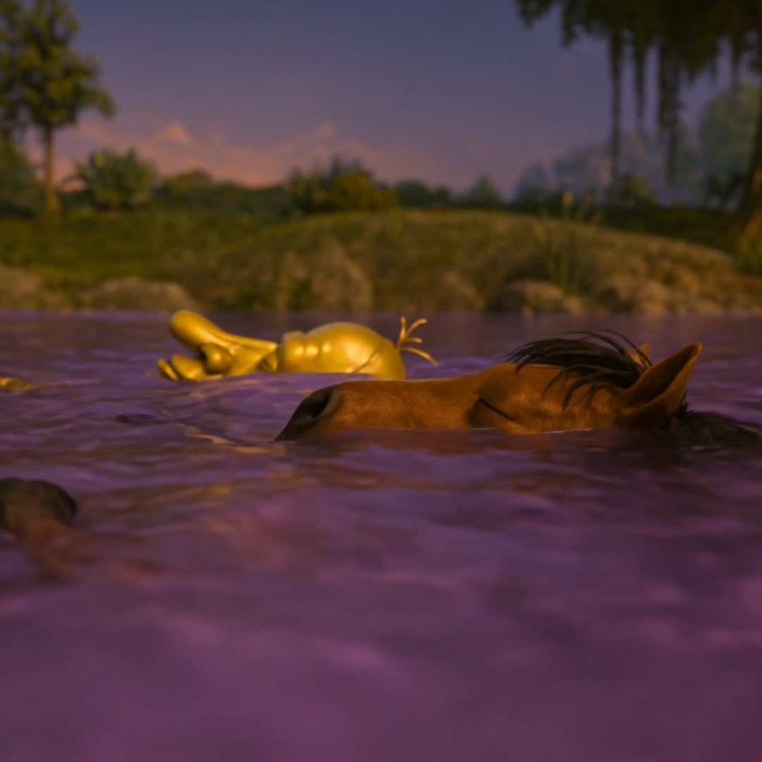 A 3D rendered scene shows an animal character floating on its back in purple water, with a golden object nearby under a sunset sky.