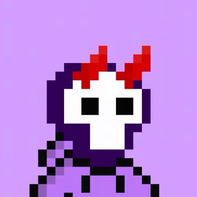 A pixel-art drawing of a character with a white skull-like face, red horn-like accents, and purple body set against a lavender background.