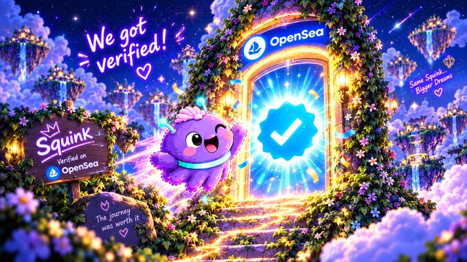 A digital illustration celebrating 'We got verified!' featuring a cute purple character named Squink standing in front of a glowing OpenSea verification portal.