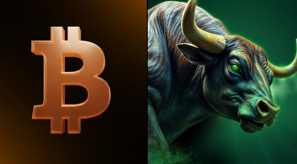 The image features a large bull's head with horns, positioned above a Bitcoin symbol. The bulls' head is facing towards the left side of the image while the Bitcoin symbol is located at the top right corner. The background appears to be black, which contrasts with the gold color of the Bitcoin symbol and makes it stand out prominently in the image.