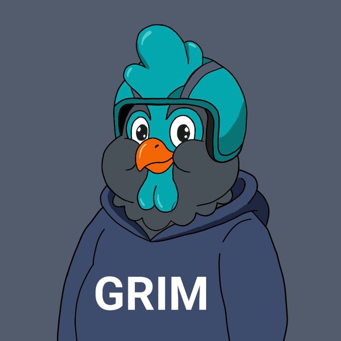A cartoon mascot of a teal rooster wearing a dark hoodie with the text "GRIM" in white letters.