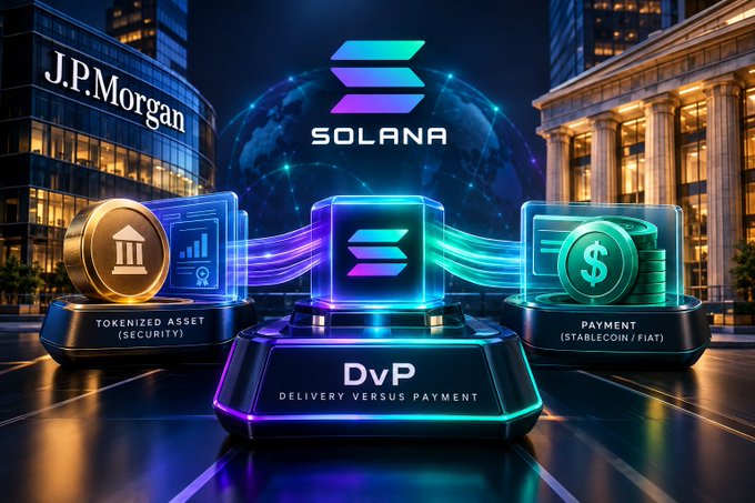 A digital graphic with the 'SOLANA' logo at the center, flanked by 'J.P.Morgan' on the left, showing concepts for 'DvP - DELIVERY VERSUS PAYMENT', 'TOKENIZED ASSET (SECURITY)', and 'PAYMENT (STABLECOIN / FIAT)'.