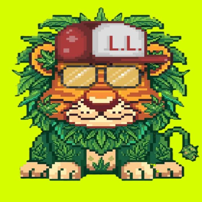 A pixel art illustration depicts a character resembling a tiki or jungle figure with sunglasses, a red and white cap, and leaves for hair and beard, set against a yellow background.