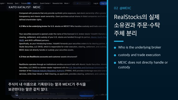 A slide titled "RealStocks의 실제 소유권과 주문·수탁 주체 분리" explains that while user securities are custodied under licensed U.S. broker-dealer VistaMX Markets through its partner Atomic Vaults Securities (AVS), MEXC itself does not directly handle or custody the assets—illustrating the key distinction between stocks being held in the user's name and MEXC serving as a non-custodial interface.