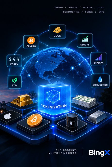 A BingX cryptocurrency/trading advertisement showing tokenization with categories including Crypto, Stocks, Gold, Indices, Commodities, Forex, and ETFs, with the tagline 'One Account, Multiple Markets.'