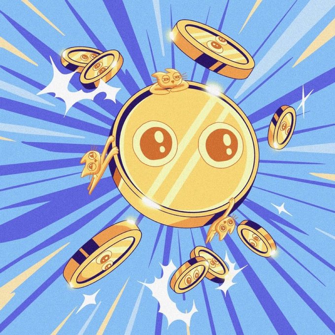 An illustration of golden coins with cute cartoon expressions flying outward against a blue starburst background, with a larger central coin as the focal point.