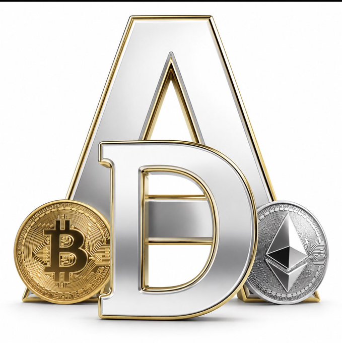 3D graphic featuring a large silver and gold 'AD' logo flanked by physical representations of a Bitcoin coin and an Ethereum coin.