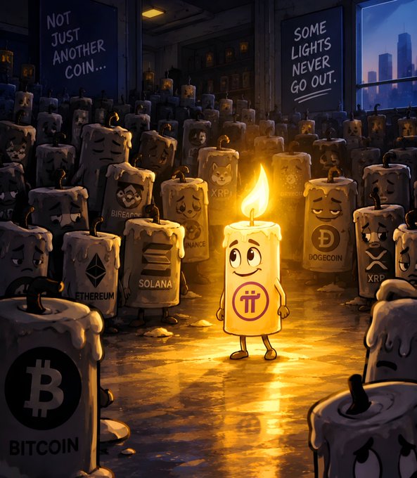 An AI-generated illustration showing a lit candle character with the Pi (π) symbol standing among extinguished dead candles labeled with cryptocurrencies like Bitcoin, Ethereum, Solana, Dogecoin, and XRP, with signs reading 'NOT JUST ANOTHER COIN...' and 'SOME LIGHTS NEVER GO OUT.'