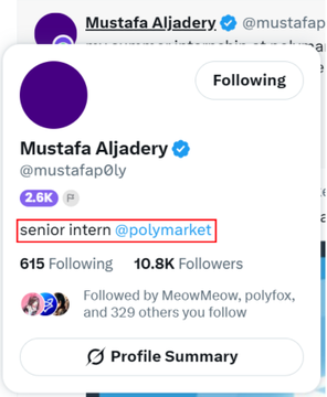 The image shows the Twitter/X profile card of Mustafa Aljadery (@mustafap0ly), highlighting his bio "senior intern @polymarket" with a red box around it, along with his 2.6K following and 10.8K followers. This visually supports the post's announcement that Mustafa is stepping away from his Polymarket CGO role, as his bio now humorously reflects a more junior title change.