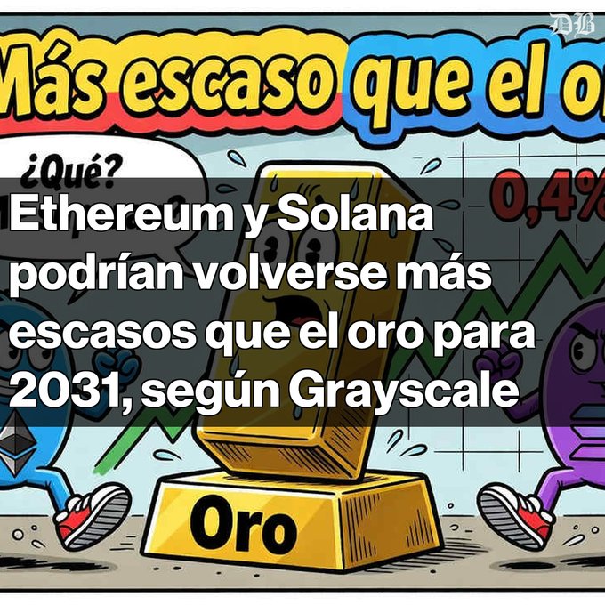 A cartoon graphic with Spanish text reading '¿Qué? Ethereum y Solana podrían volverse más escasos que el oro para 2031, según Grayscale,' showing a shocked gold bar labeled 'Oro' running alongside Ethereum and Solana coin characters.