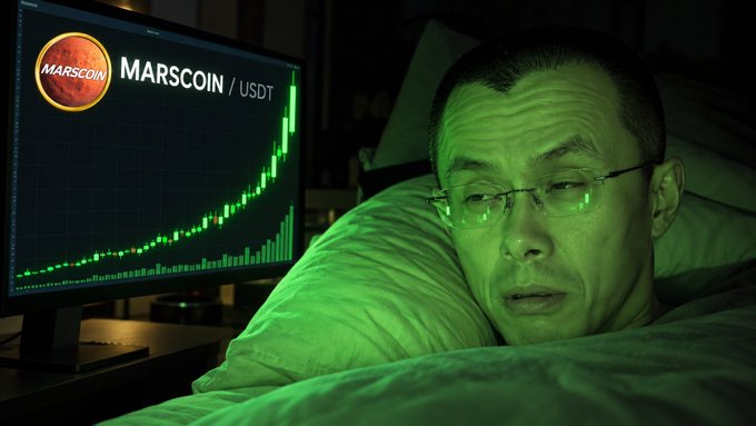 A man lying in bed in green-lit darkness staring at a computer monitor showing a rising green chart for 'MARSCOIN / USDT'.