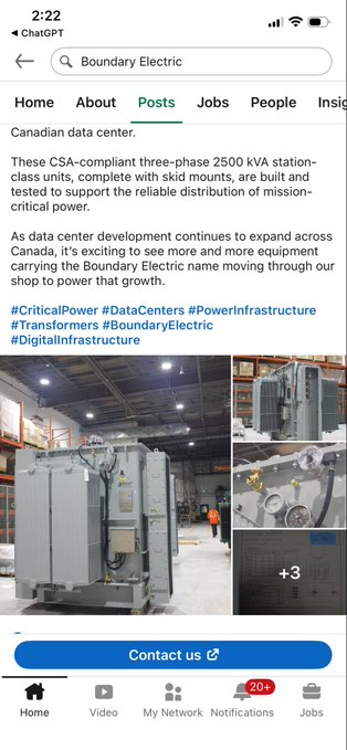 A LinkedIn post from Boundary Electric about CSA-compliant three-phase 2500 kVA station-class units for Canadian data centers, featuring photos of electrical transformers.