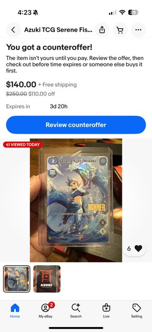 A screenshot of an eBay notification showing a counteroffer of $140.00 (down from $260.00) on an Azuki TCG "Serene Fist (Misaki)" card, with 6 likes on the listing—relating to the post by announcing a new Azuki winner card added to their collection.