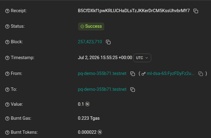 Blockchain transaction receipt showing Success status on pq-demo-355b71.testnet with 0.1 N value, 0.223 Tgas burnt gas, timestamp Jul 2, 2026 15:55:25 UTC.