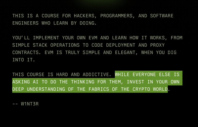 A text-based promotional image for a hacker EVM course by W1NT3R, highlighting the importance of deep understanding over relying on AI.