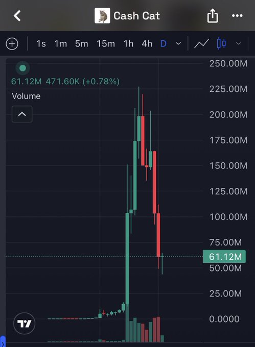The image shows a daily TradingView chart for "Cash Cat" with a current price of 61.12M, displaying a dramatic candlestick pattern that reveals an extreme vertical pump peaking around 225M followed by a steep sell-off—visually illustrating the rugpull referenced in the post about the Robinhood-affiliated CASHCAT memecoin that lured in the majority of crypto traders.