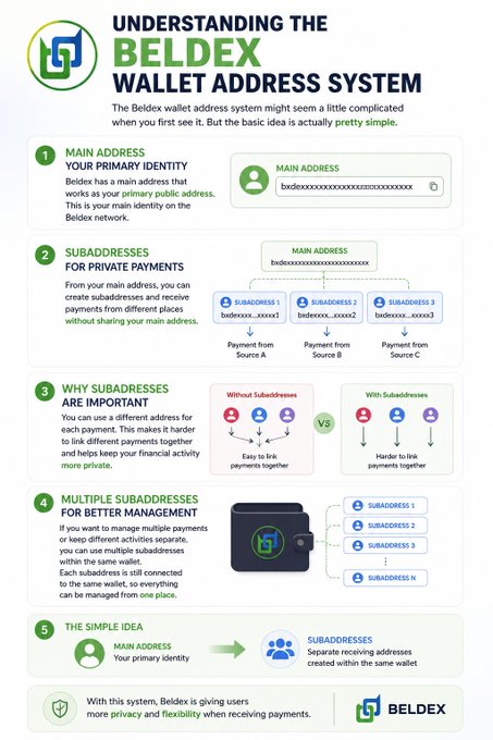 An infographic titled "Understanding the Beldex Wallet Address System" explains the 5-step process of using a main public address to create subaddresses for receiving private payments from multiple sources, illustrating how Beldex's structure provides users with more privacy and flexibility when managing transactions. The image visually supports the post by breaking down how subaddresses branch from a primary main address (bxdeexxxxx...) into multiple separate receiving addresses (Subaddress 1, 2, 3, etc.) without sharing the main address.
