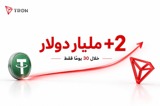 A promotional graphic for TRON shows a green Tether coin on the left and the red TRON logo on the right, with an arrow pointing upward and Arabic text reading '+2 مليون دولار' (+2 million dollars) and 'خلال 30 يومًا فقط' (in just 30 days).