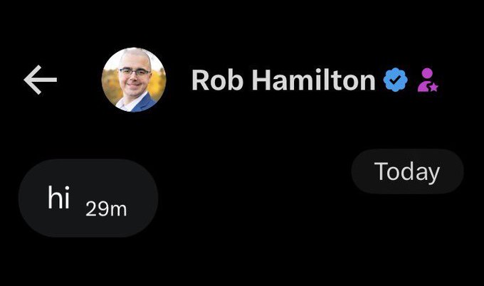 Screenshot of a chat message: profile "Rob Hamilton" with a verified badge, user sends "hi" with "Today" timestamp.